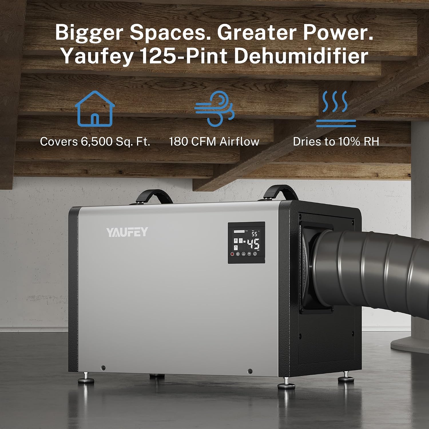 Yaufey 125 Pints Commercial Dehumidifier with Pump for 6500 Sq.Ft. Crawl Space, Basement, Industrial Area, 10-90% RH Humidity Control, 24/7 Running Continuous Drainage, TUV Certified, 5-Yr Coverage