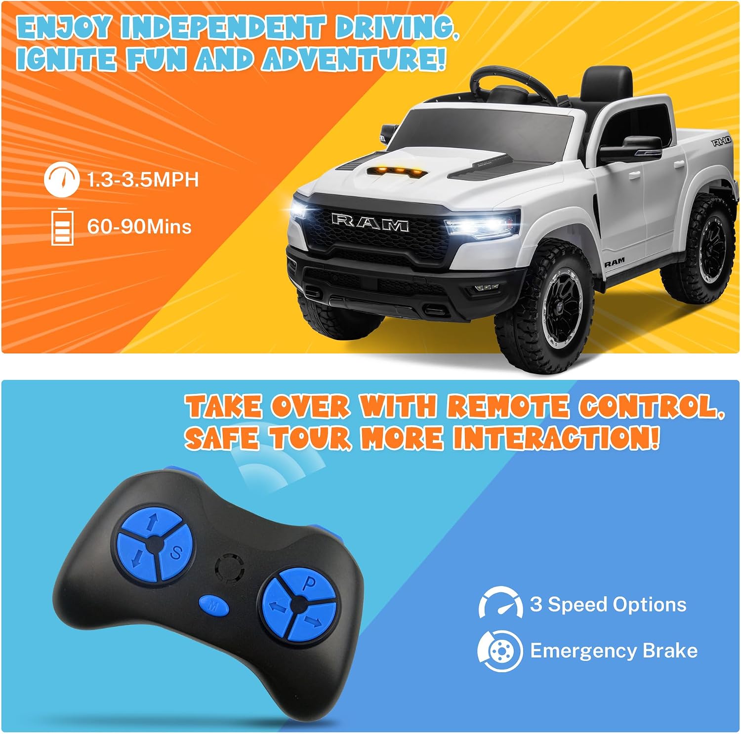 ENYOPRO 12V Licensed Ram 1500 RHO Ride on Toys for Kids, Toddlers Ride on Car w/Remote Control, Kids Electric Car w/4-Wheel Suspension, Soft Start, LED Lights, BT/USB/AUX, Truck Bed Storage, White