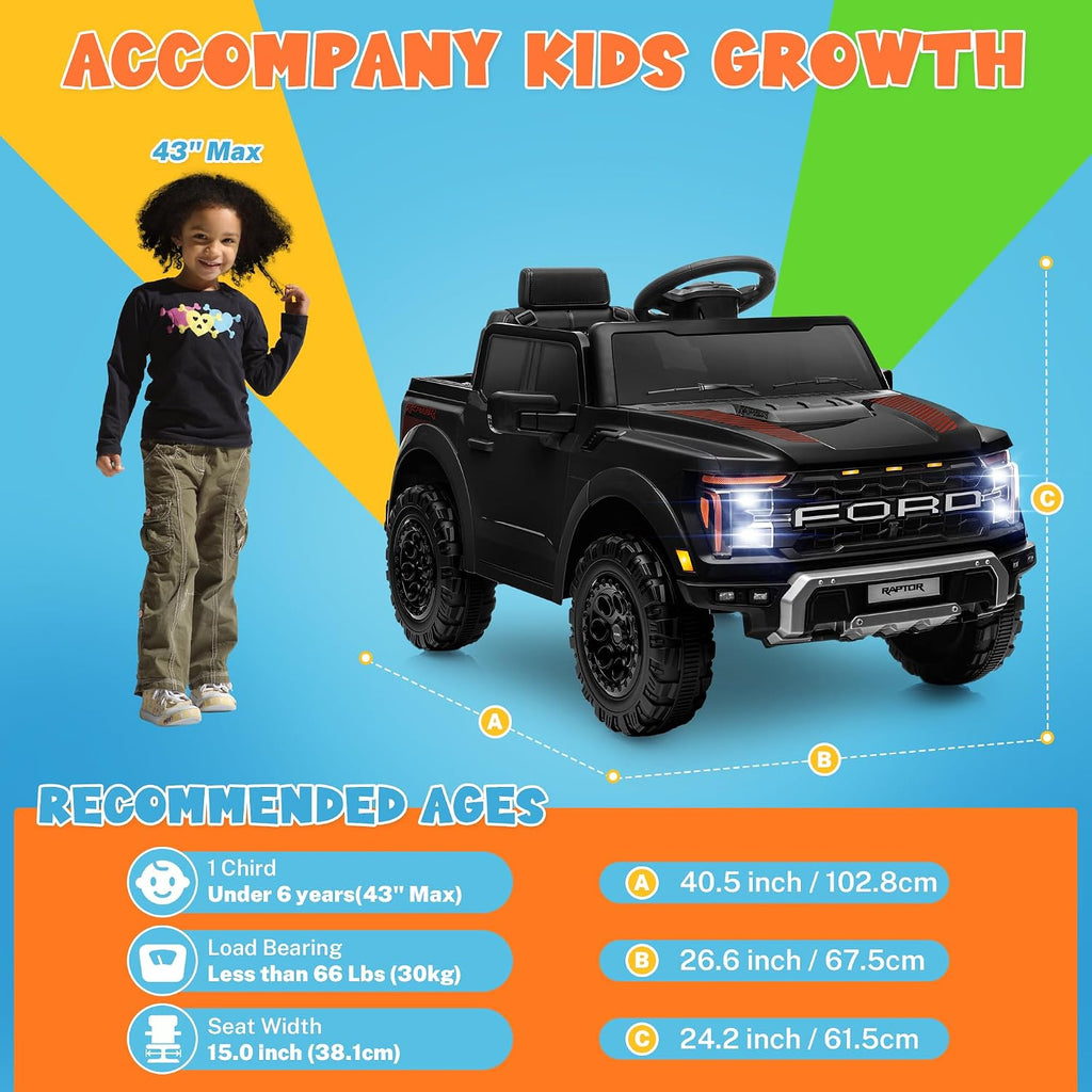 ENYOPRO 12V Kids Ride On Truck, Licensed Ford F-150 Raptor Toddler Electric Car w/Remote Control, Kids Ride On Car Toy w/LED Lights, Bluetooth Music, Lockable Doors, Safety Belt, 2 Speed (Black)