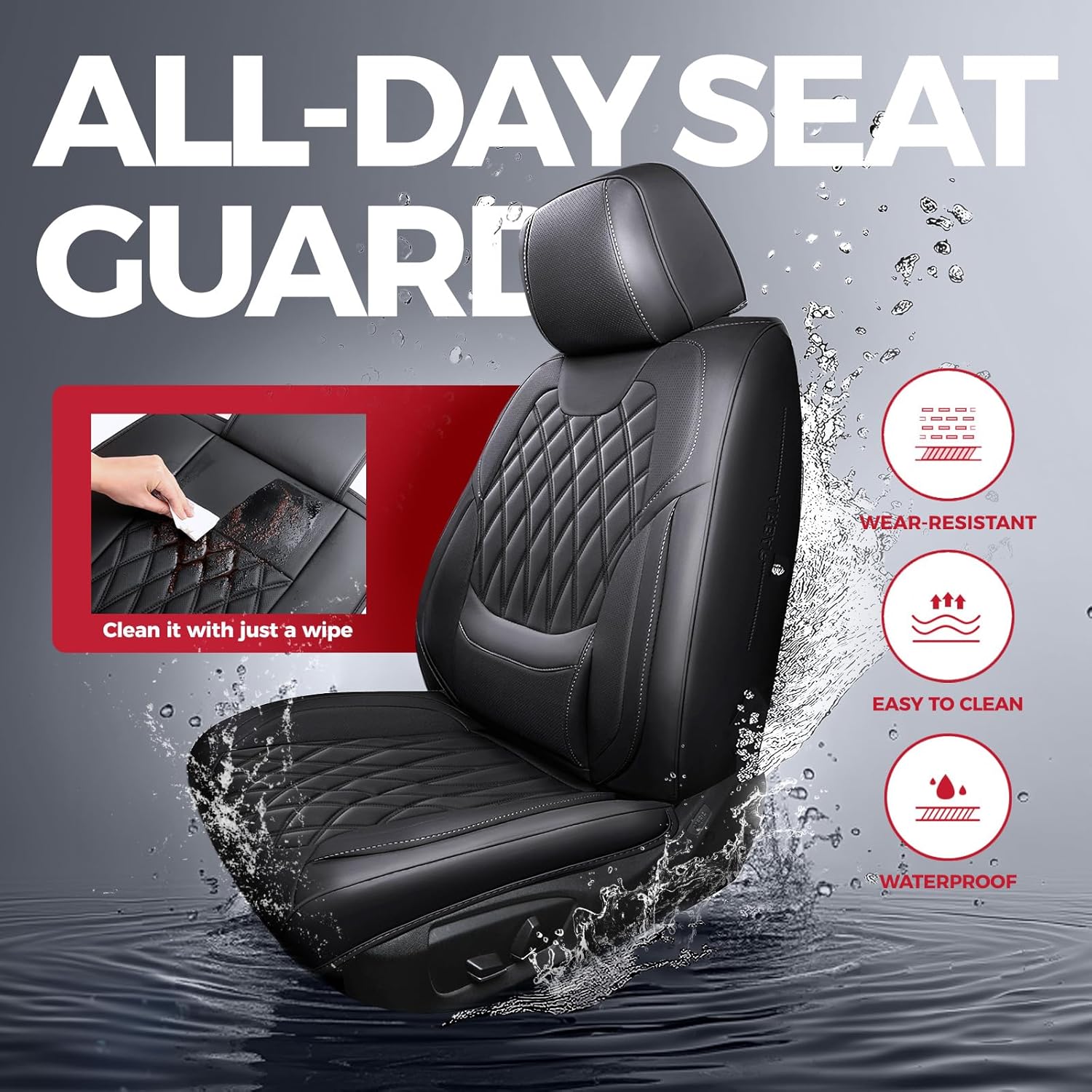 FREESOO Car Seat Covers Front Seats - Luxury Breathable Waterproof Faux Leather Car Seat Cover Protectors with Lumbar Support, Universal Fit for Most 5 Seats Vehicles Sedans Hatchbacks Pick-ups, Black