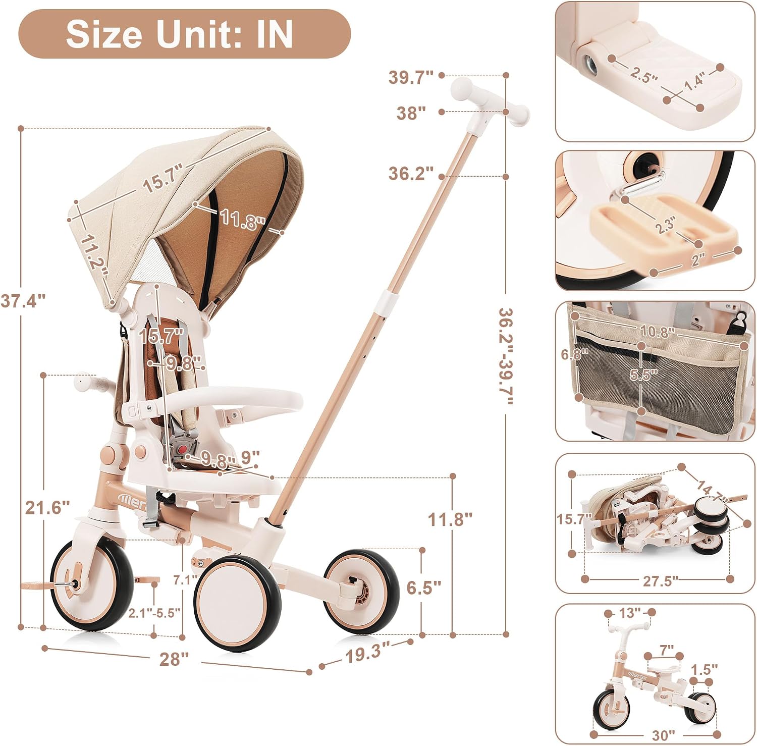 Foldable Toddler 7-in-1 Tricycle, Canopy, and Guardrail Parent Push Handle Ages 1-6 Years