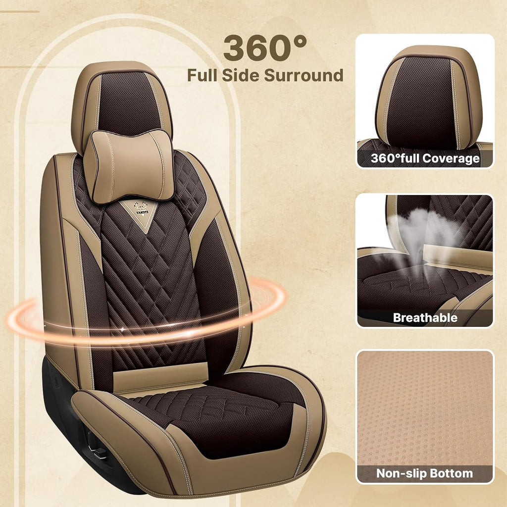Fit for 97% of Cadillac Seat Covers, Fashion Sport Seat Cover with Waterproof Leather, Airbag Safe Design Seat Protector (5 Full Seat Luxury, Brown Coffee)