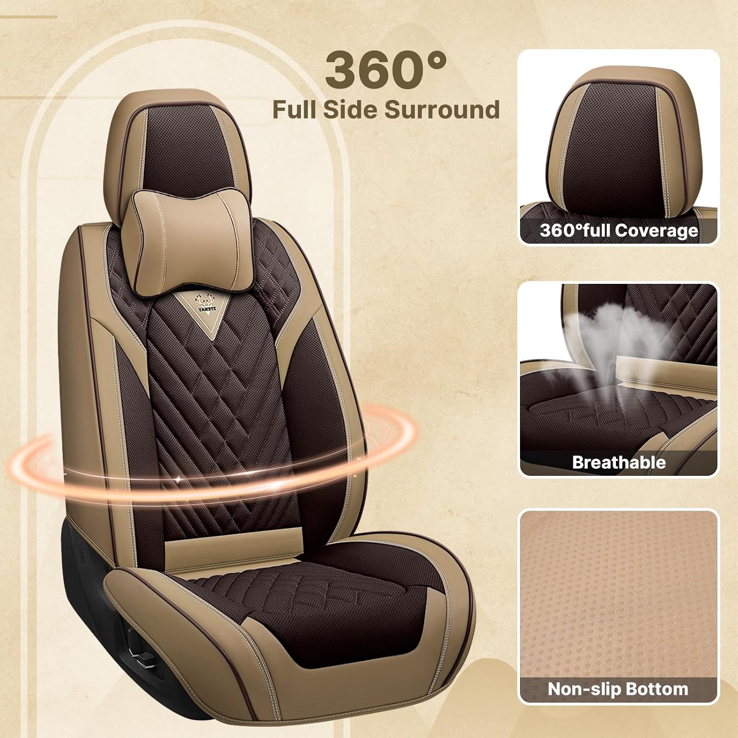 Fit for 97% of Cadillac Seat Covers, Fashion Sport Seat Cover with Waterproof Leather, Airbag Safe Design Seat Protector (5 Full Seat Luxury, Brown Coffee)