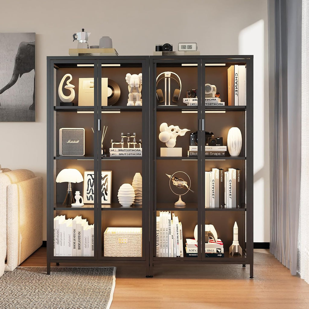 Eltean 63' H Display Cabinet with Glass Doors,4 Tiers Curio Display Case with 3 Colors LED Sensor Light,Glass Display Cabinets for Collectible with 3 Adjustable Shelves for Living Room,Bedroom,Office