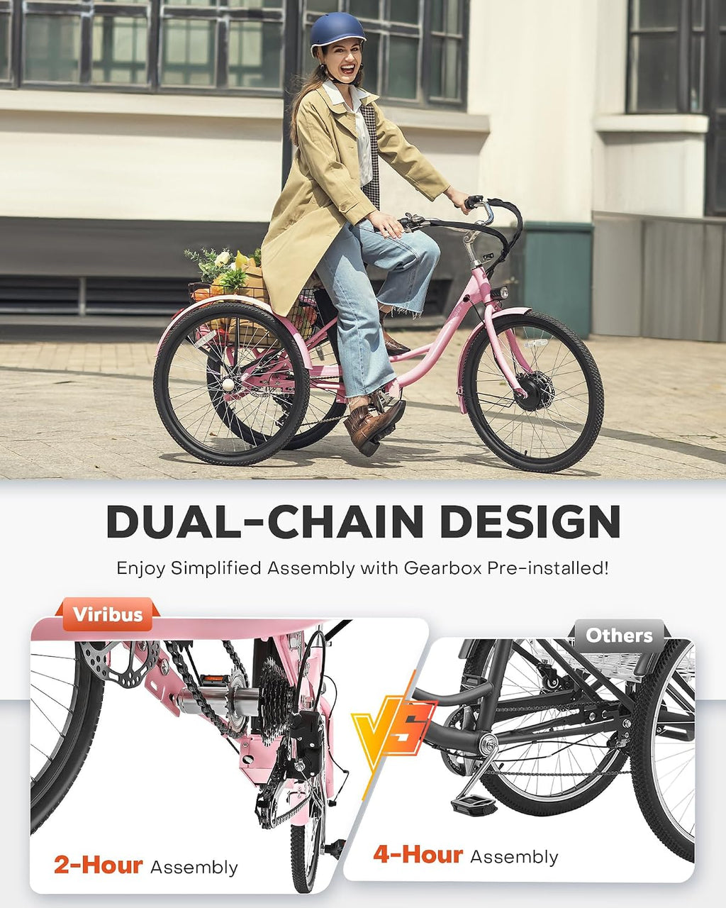 VIRIBUS Electric Tricycle for Adults, 24 26 inch Electric Trike with 468Wh Removable Battery, 250W/350W(Peak 500W) 3 Wheel Electric Bikes for Seniors, Motorized Adult Tricycles Women Men 330 lb.