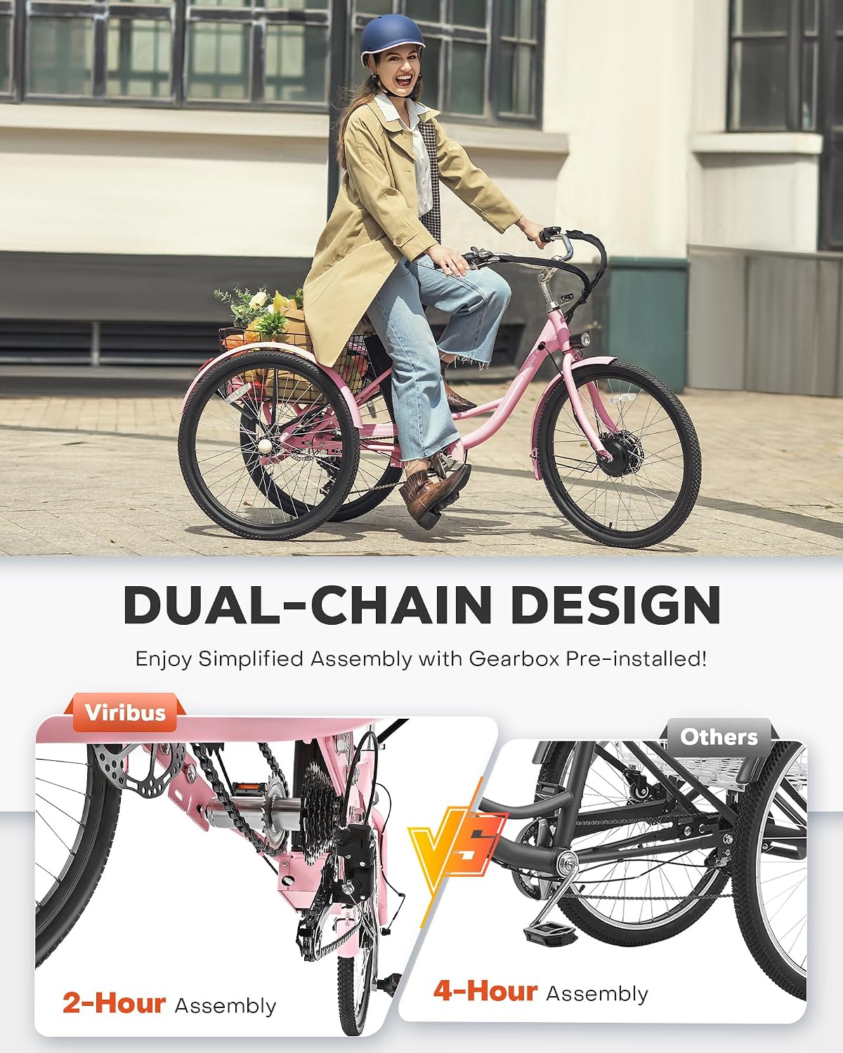 VIRIBUS Electric Tricycle for Adults, 24 26 inch Electric Trike with 468Wh Removable Battery, 250W/350W(Peak 500W) 3 Wheel Electric Bikes for Seniors, Motorized Adult Tricycles Women Men 330 lb.