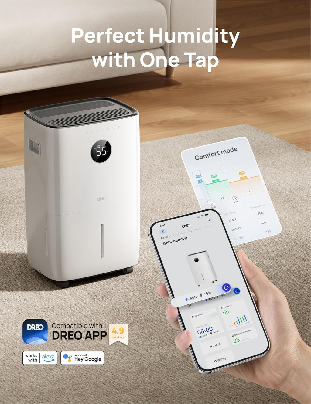 DREO 110-Pint Smart Dehumidifier for Basement, 4500 Ft² for Large Room, 2 Gallon Water Tank, Auto/Comfort/Constant Mode Dehumidifiers for Home, Bedroom, Bathroom, with Drain Hose, Black, 711S
