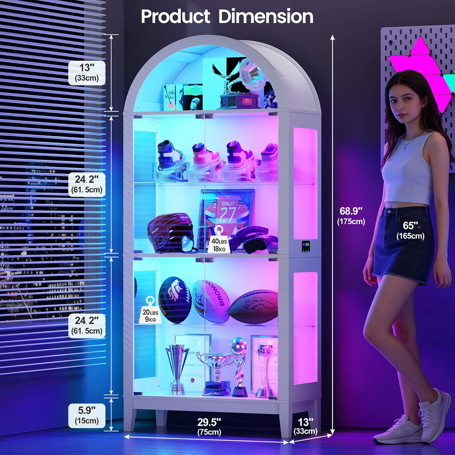 Lvifur Display Cabinet with - Glass Doors,Arched Curio Cabinet with RGB Lights for Collectibles,5-Tiers Tall Display Case with Human Sensor,Showcase Cabinet with Glass Shelf for Living Room (White)