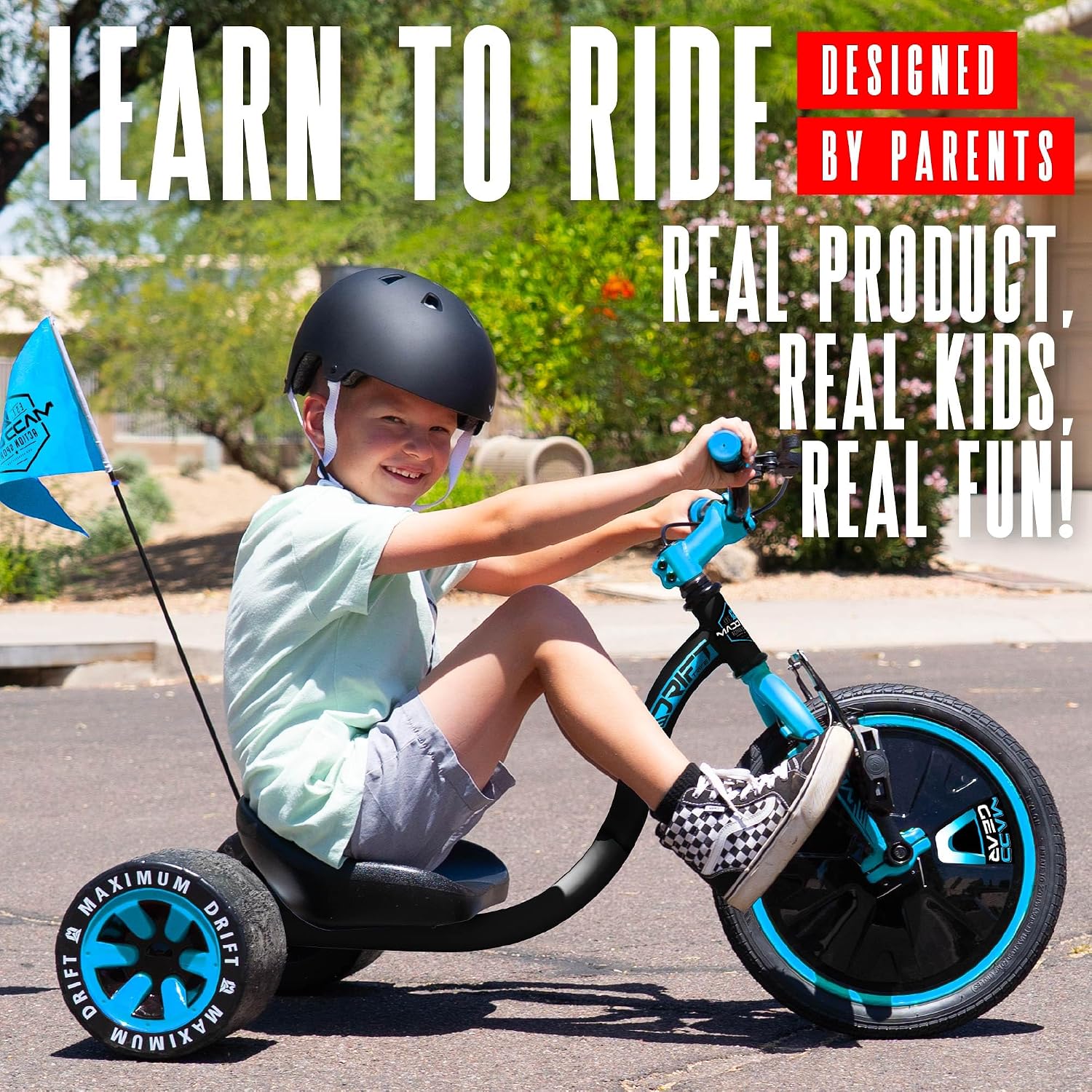 Drift Trike for Kids Ages 5+ – 16' Front Wheel Ride-On with Adjustable Seat, Steel Frame, Rear Slick Drift Wheels & Safety Flag – Madd Gear - (Black Blue)