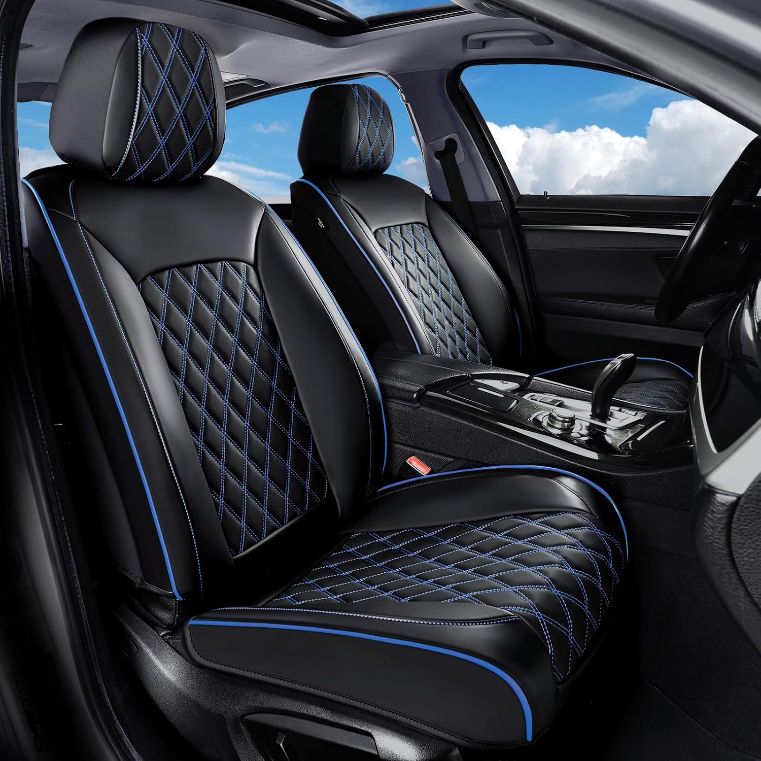 Huidasource Car Seat Covers Front Seats, Leather Front Seat Covers, Truck Seat Covers Universal Fit Front Seat, Airbag Compatible, for Most Cars, Vans, Trucks, SUVs(Front Pair/Black&Blue)