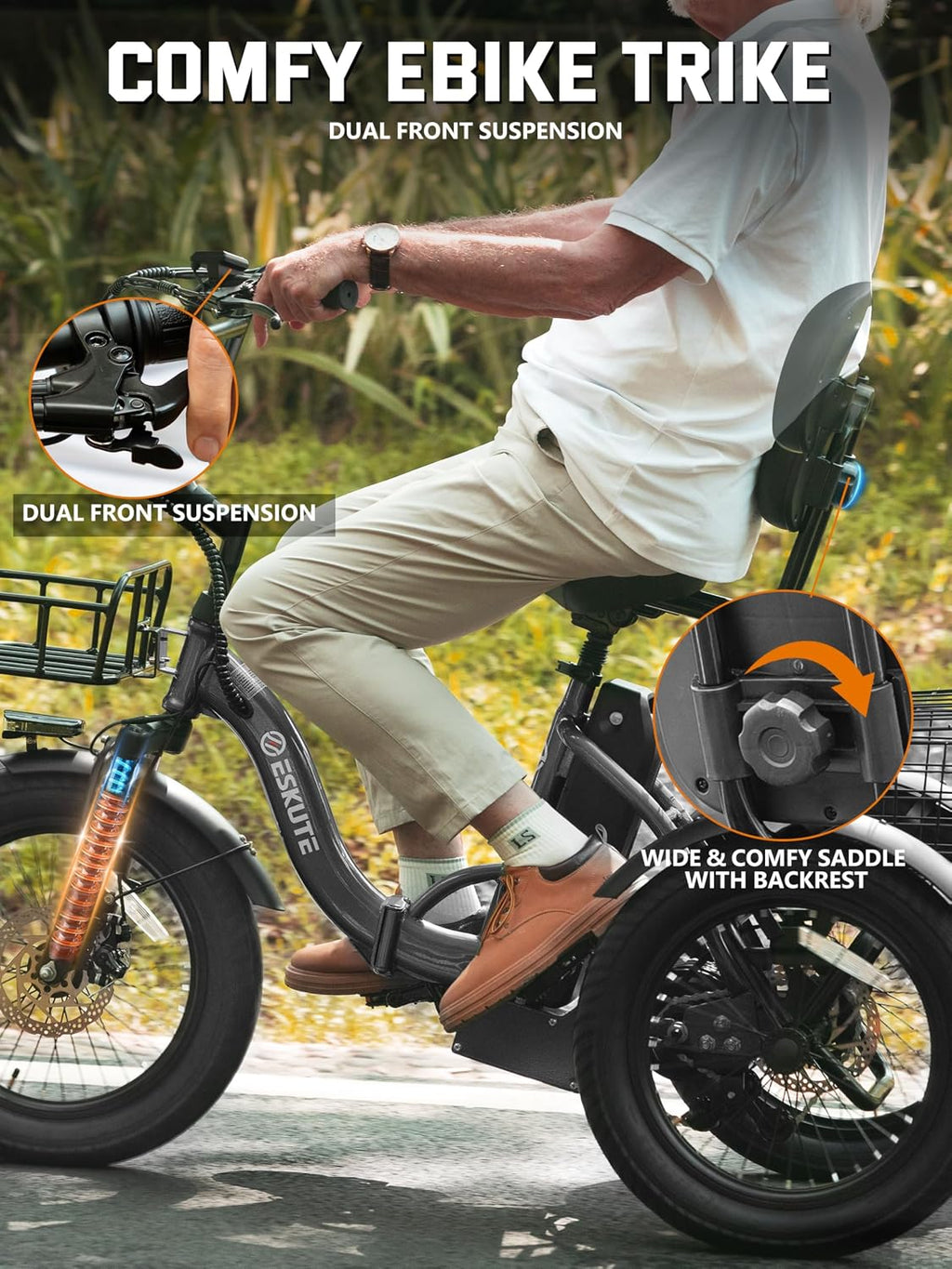 ESKUTE E Trike Electric Bike, Peak 1200W Brushless Motor Folding Trike 18X3.0 Fat Tire Ebike, 624Wh Removable Battery, Step-Thru 3 Wheel Electric Bicycle, Up to 55 Miles, 18MPH+ Tricycle for Adults