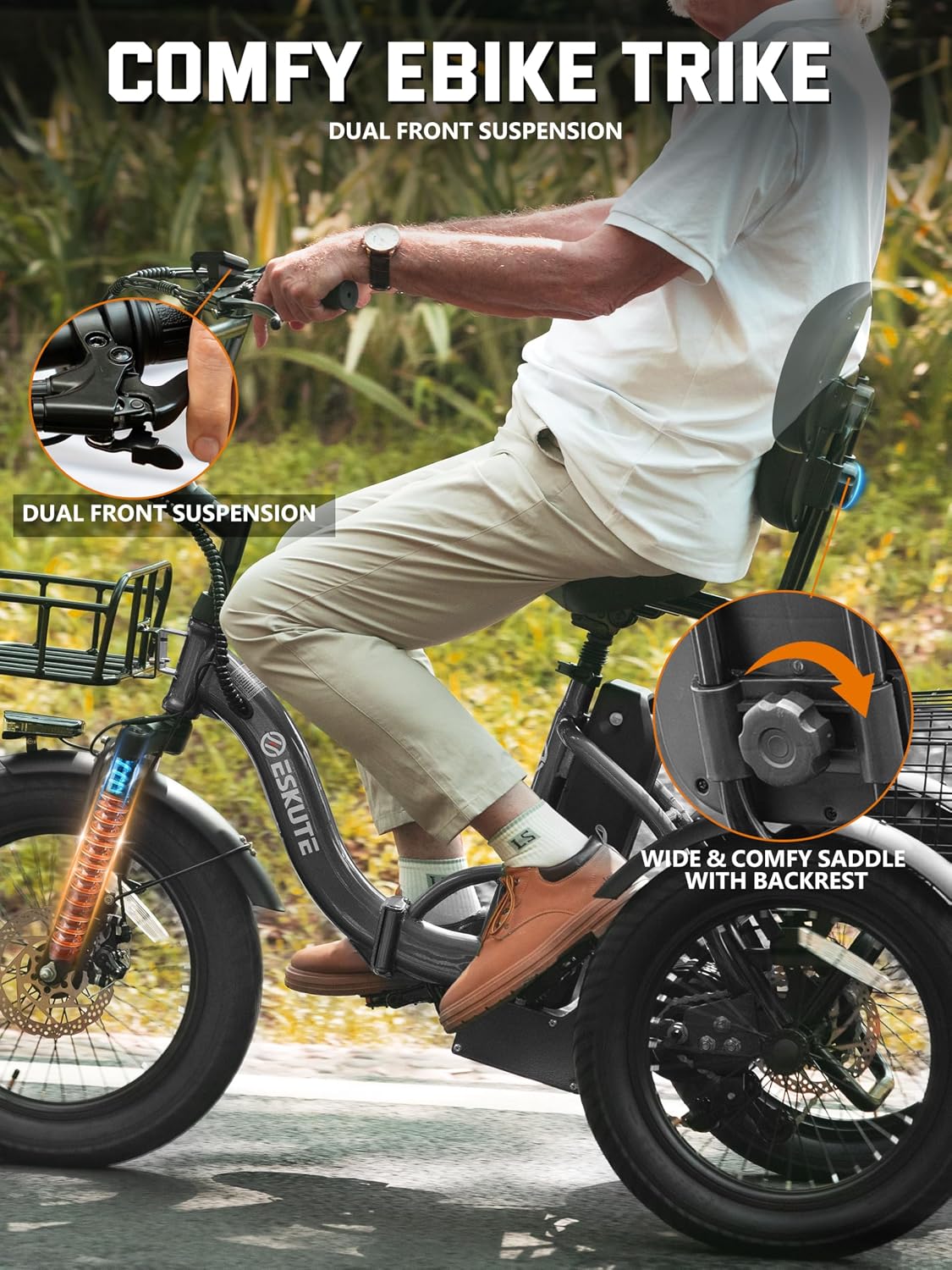 ESKUTE E Trike Electric Bike, Peak 1200W Brushless Motor Folding Trike 18X3.0 Fat Tire Ebike, 624Wh Removable Battery, Step-Thru 3 Wheel Electric Bicycle, Up to 55 Miles, 18MPH+ Tricycle for Adults