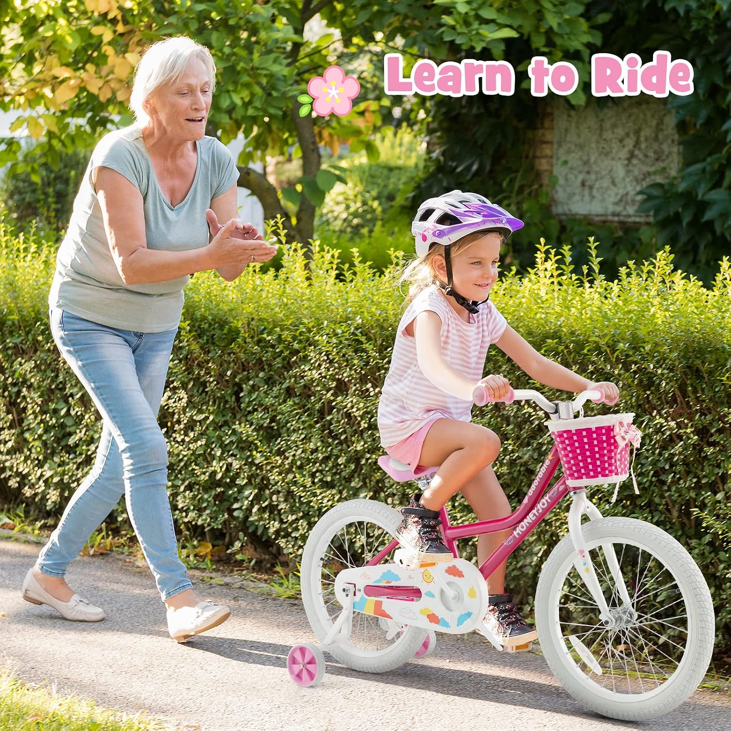 HONEY JOY Kids Bike, 14 16 18 Inch Girls Bike for Toddlers w/Training Wheels, Handbrake & Coaster Brake, Steel Frame, Fully Enclosed Chain, Little Princess Style Children Bicycle, Gift for Girls 3-8