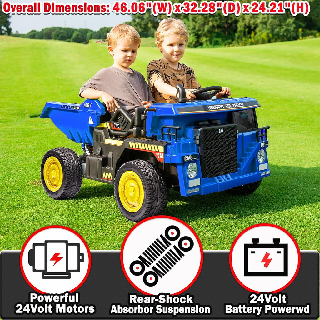 NEWQIDA 24V Ride on Dump Truck, Kids Electric Car with Remote Control, Ride on Construction Vehicles w/Electric Dump Bed, Shovel, 2x75W Powerful Motors, Up to 4.4Mph, EVA Tires, Soft Start, Blue