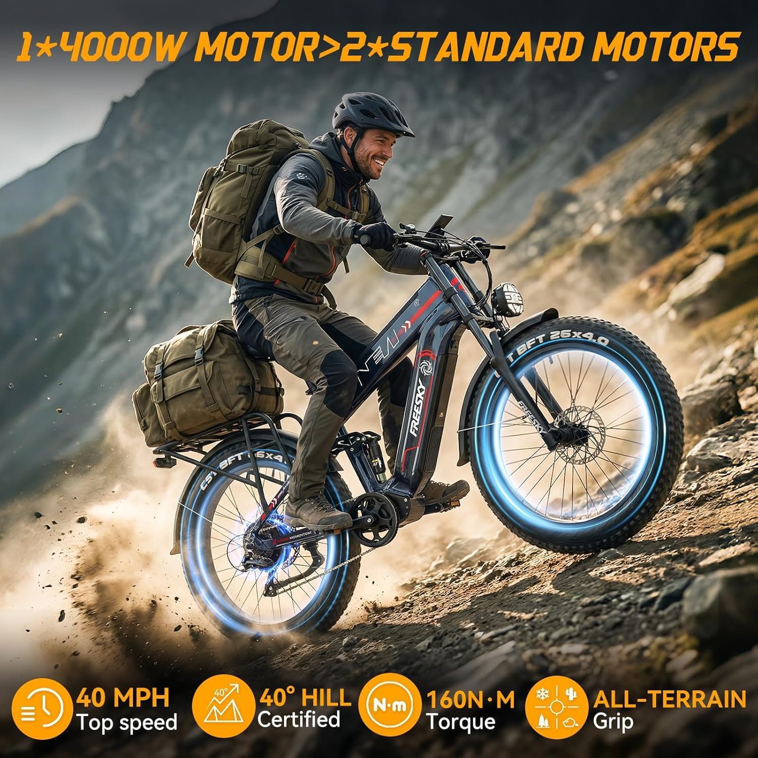 FREESKY 2026 Alaska Pro Dual Battery 48V 45AH 200 Miles 40MPH Electric Bike for Adult, 4000W High-Torque Motor Long Range Fat Tire Ebike, 26' Full Suspension Mountain E Bike, UL 2849 Certified by TÜV