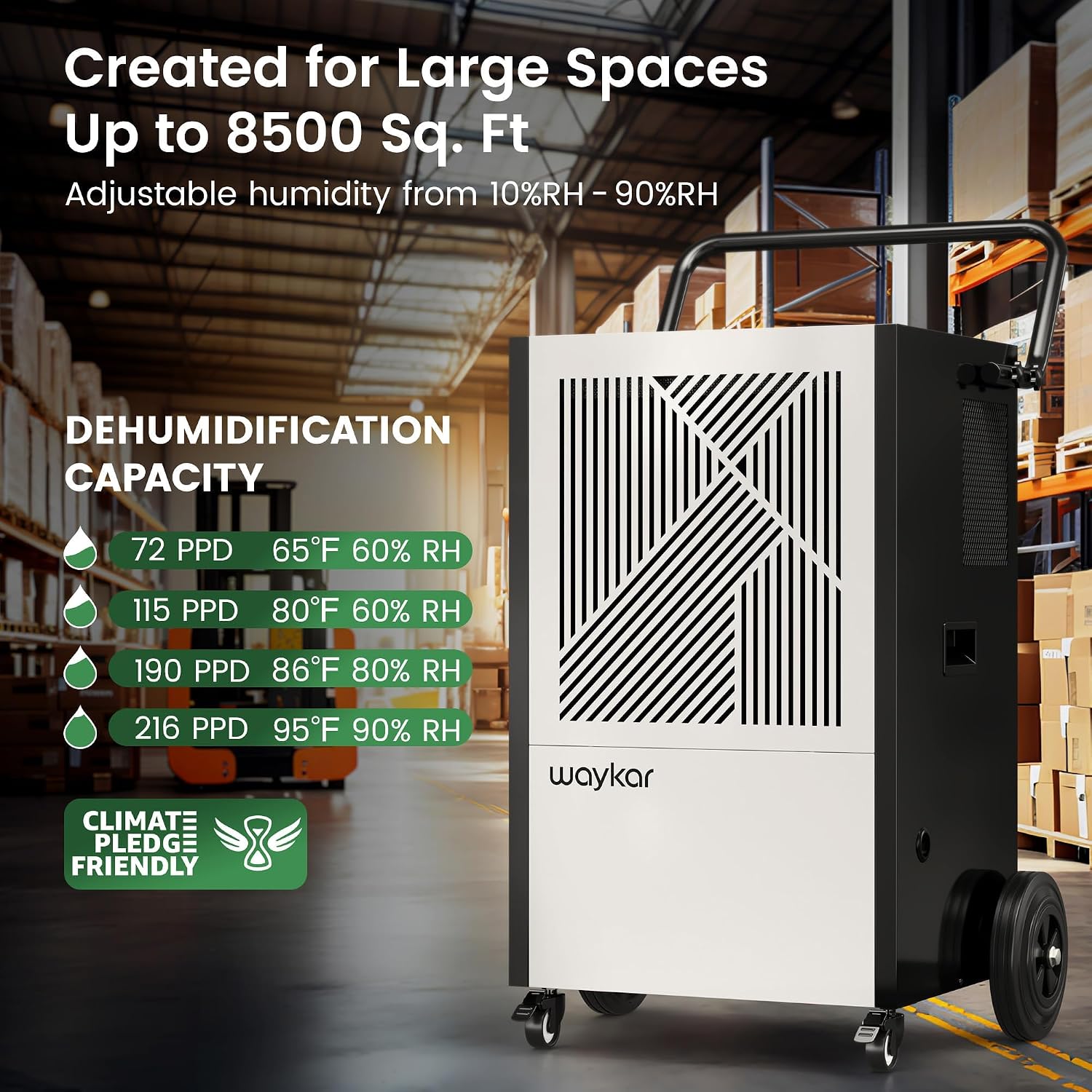 Waykar 216 Pints Commercial Dehumidifier with Pump, Drain Hose and Washable Filter Space up to 8500 Sq. Ft, for Basements, Industrial or Commercial Spaces and Flood Restoration - 5 Years Warranty
