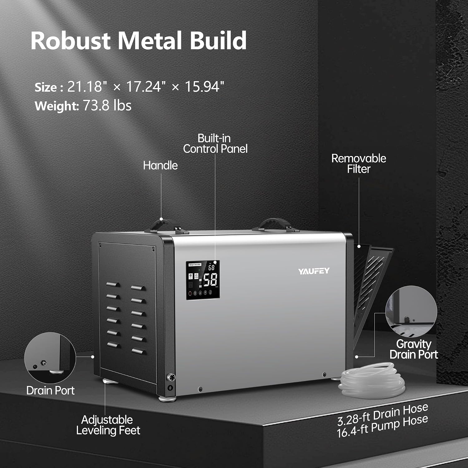 Yaufey 158 Pints Commercial Dehumidifier with Pump for 7500 Sq.Ft. Crawl Space, Basement, Industrial Area, 10-90% RH Humidity Control, 24/7 Running Continuous Drainage, TUV Certified, 5-Yr Coverage