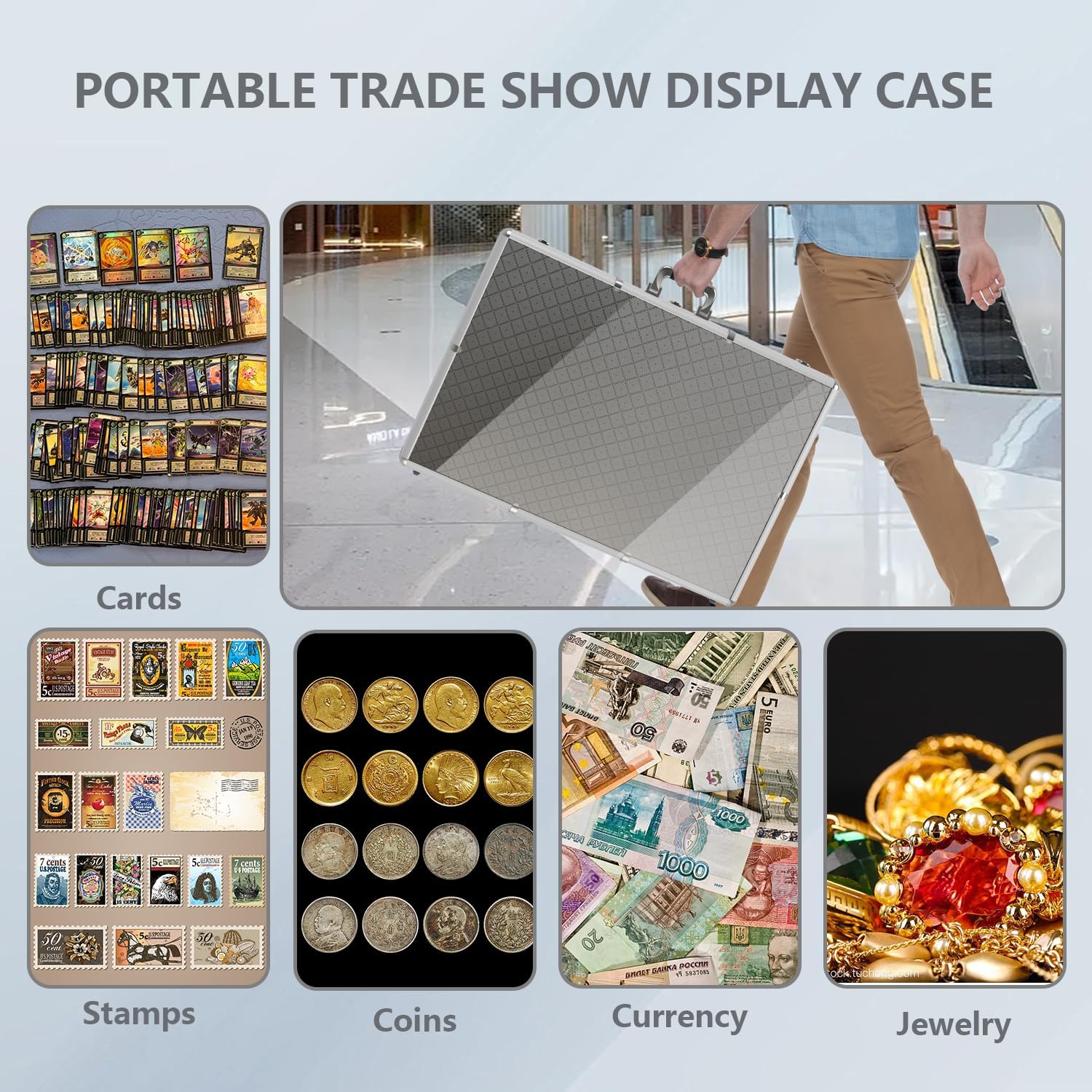 Card Display Case Large Aluminum 34' L x 22' W, Lockable Trading Card Case with Handle, 3' H Portable Trade Show Display Case for Sports Card/TCG/Jewelry Collection, Silver