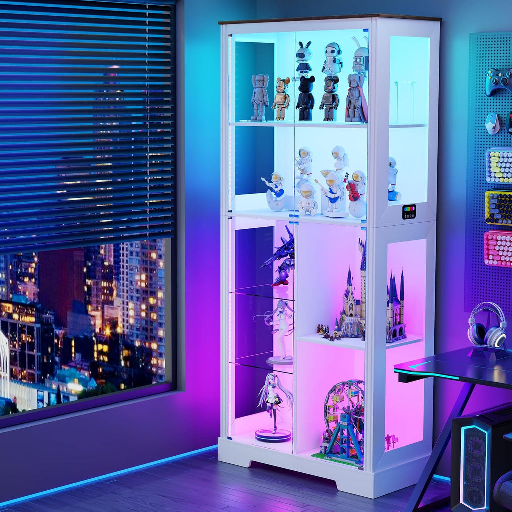 71' Glass Display Cabinet with RGB Light - Curio Cabinet with Glass Doors for Collectibles, 7-Tiers Tall Display Case with Large Shelves, Showcase for Lego, Figures, Human Sensor Design (White)