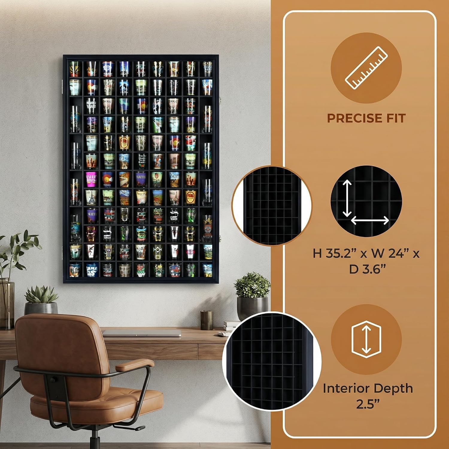 100 Shot Glass Display Case Holder Shadow Box Wall Cabinet, with Acrylic Door (Black Finish)