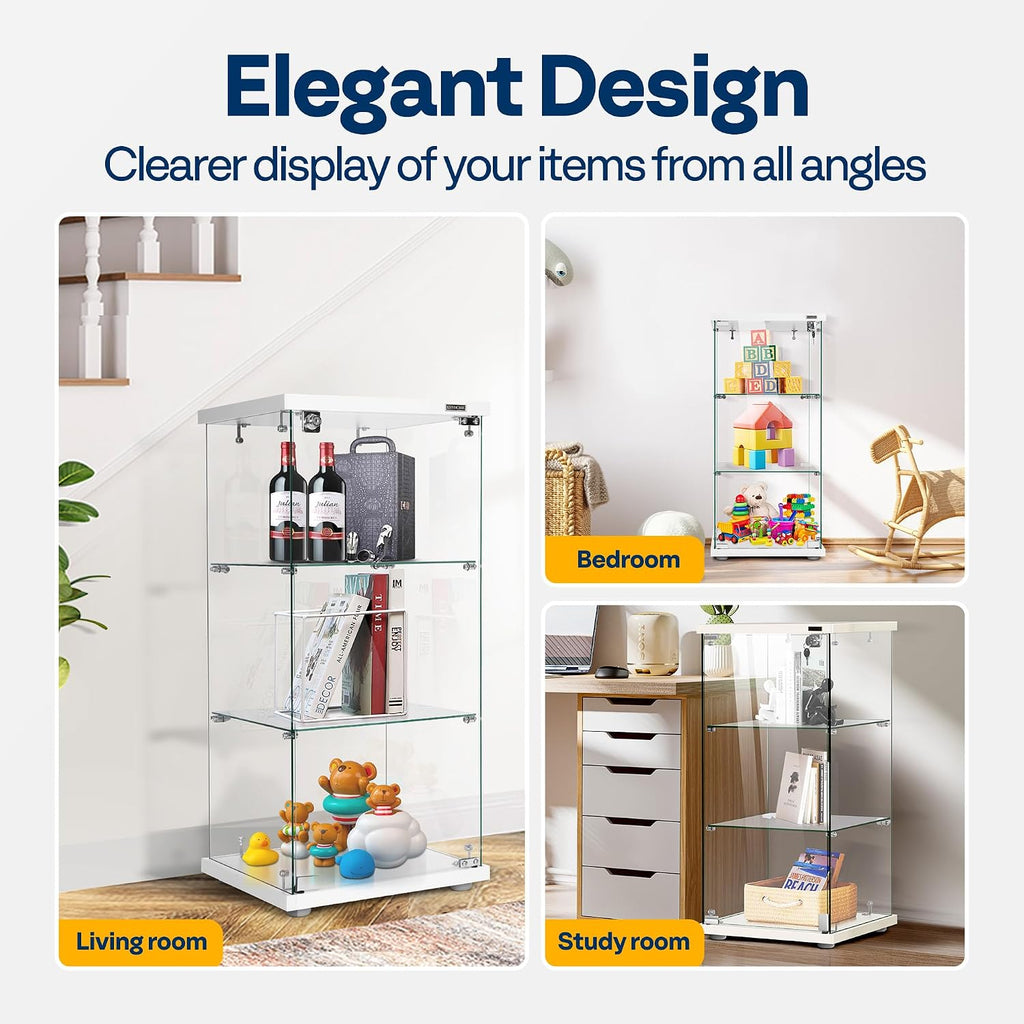 VIVOHOME 3 Layers 16''W x 16''D x 33''H Glass Display Cabinet Showcase Countertop with Lock, 4mm Tempered Glass 25mm MDF Base