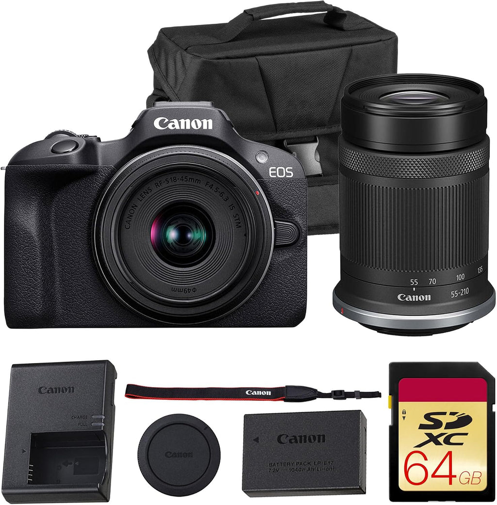 Canon EOS R100 Mirrorless Camera Kit – APS-C RF Camera with 18-45mm & 55-210mm Lenses, 24MP Sensor, 4K Video & Dual Pixel AF (6052C022) + Shoulder Bag + 64GB Memory Card