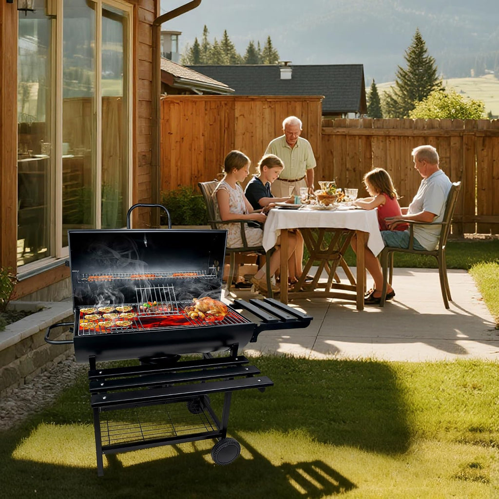 Charcoal Grill with Lid, 27' Outdoor BBQ Grill with Thermometer, Side Shelves, Wheels & Ash Catcher, Large Barrel Charcoal Smoker for Backyard, Camping & Outdoor Cooking