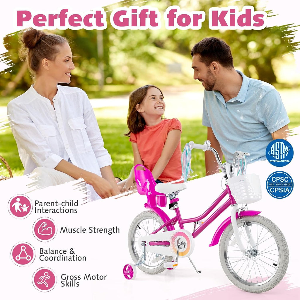 HONEY JOY Kids Bike, 12 14 16 18 Inch Girls Bike w/Training Wheels, Doll Seat, Streamers, Handbrake & Coaster Brake, Fully Enclosed Chain, Princess Style Children Bicycle, Gift for Girls 3-8