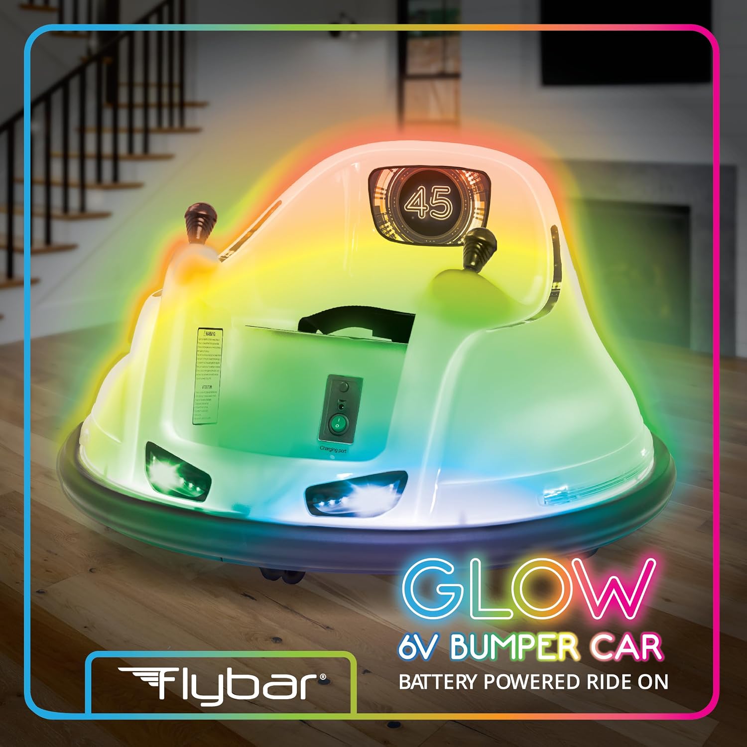 Flybar 6V White Glow Bumper Car for Kids – LED Ride-On Toy with 360° Spin, Rechargeable Battery, and Soft Rubber Bumpers – Safe Indoor Fun for Toddlers Ages 1.5+, Up to 66 lbs