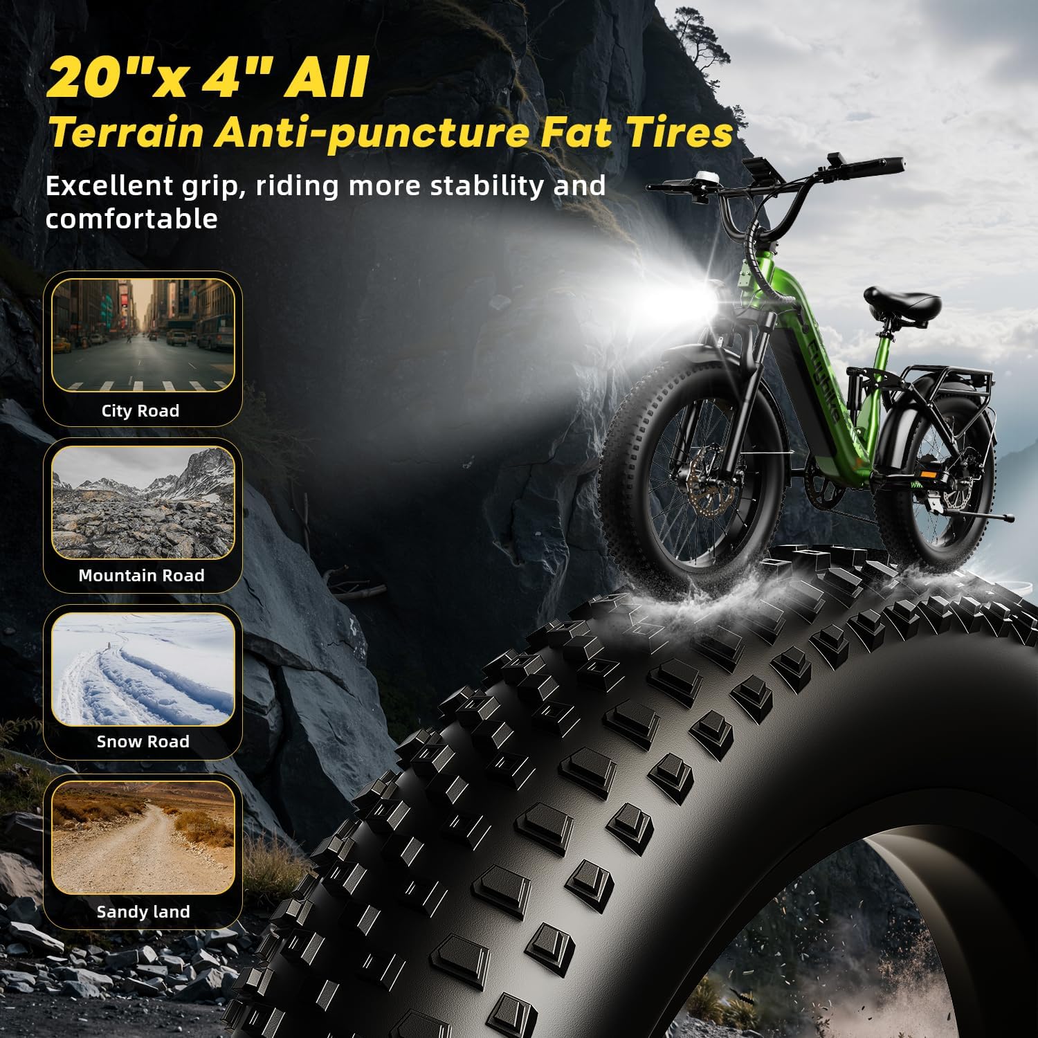 EUYBIKE Electric Bike for Adults 1400W Peak, 48V 20AH(960WH) Removable Battery, 20'x4' Fat Tire Full Suspension 80 Miles Range Step-Thru Hunting Ebike, 7-Speed Dual Brakes Electric Bicycle