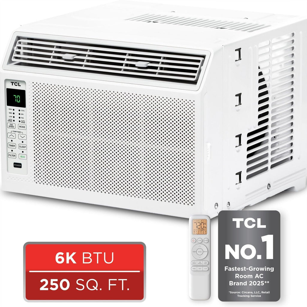 TCL 6,000 BTU Window Air Conditioner, Fan & Dehumidifier, 250 Sq. Ft., Remote Control, Easy-to-Use, Reusable Filter - H6W23W