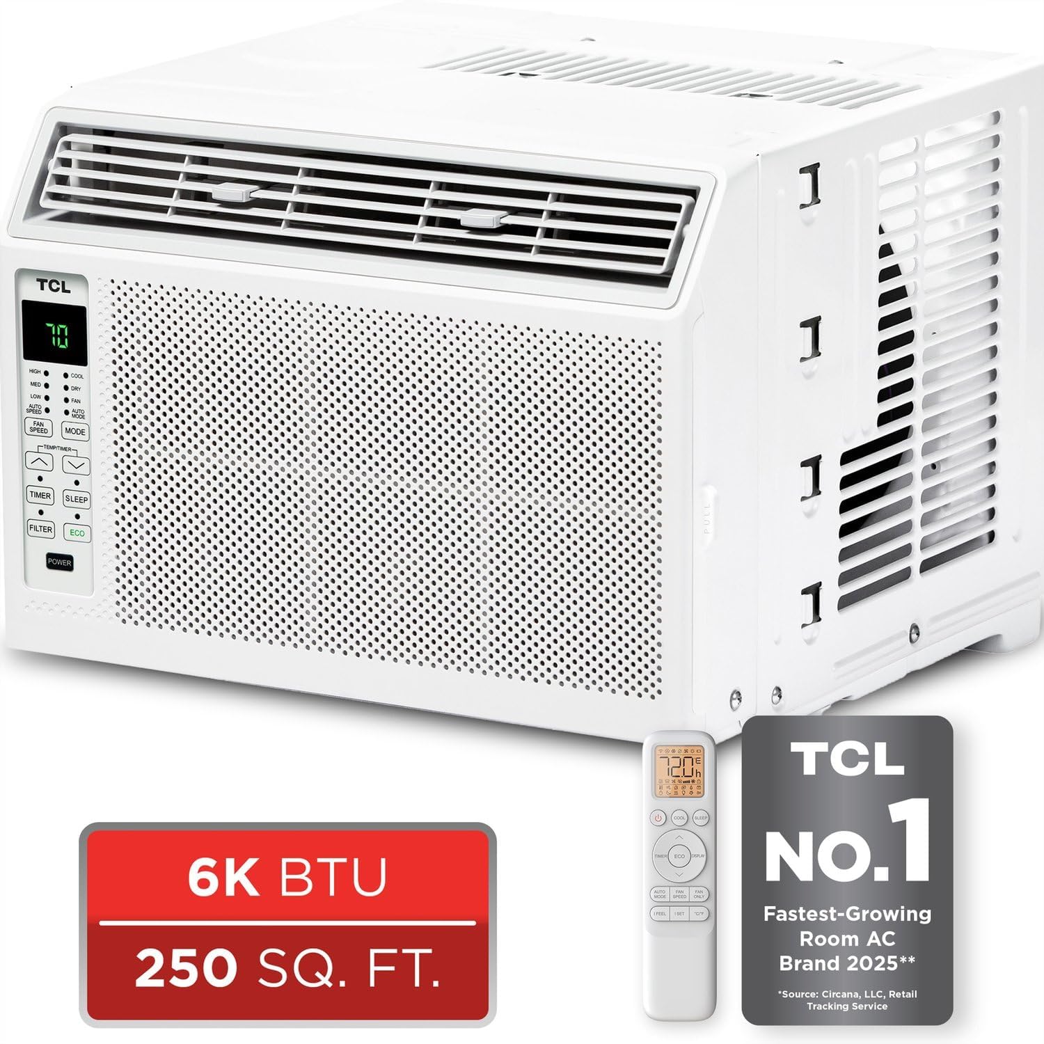 TCL 6,000 BTU Window Air Conditioner, Fan & Dehumidifier, 250 Sq. Ft., Remote Control, Easy-to-Use, Reusable Filter - H6W23W