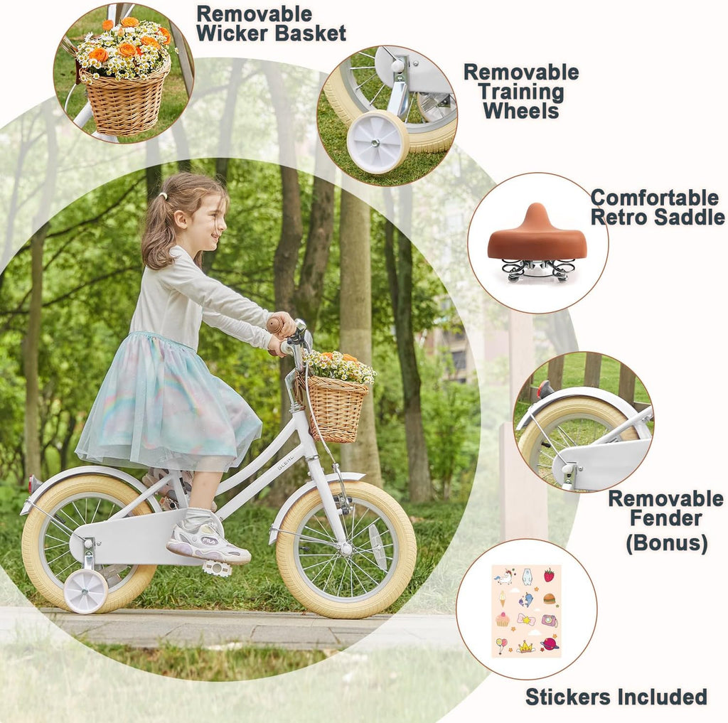 Glerc Little Molly 12-20 Inch Kids Retro Cruiser Bike for 2-13 Year Old with Wicker Basket & Training Wheels/Kickstand, Multiple Colors