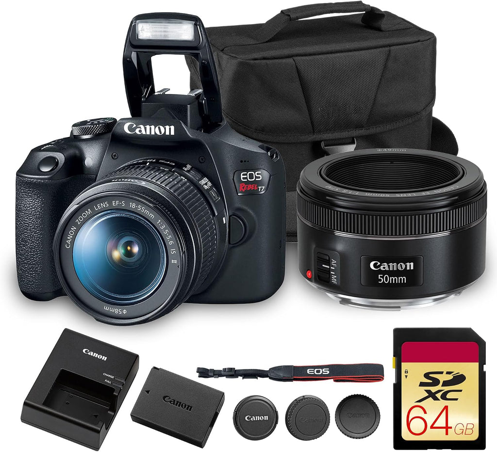 Canon EOS Rebel T7 DSLR Camera Kit | 24.1MP APS-C Sensor with EF-S 18-55mm Lens | Full HD 1080p Video Compact Beginner-Friendly Photography (2727C002) + Canon 50mm Lens + Bag + 64GB Card