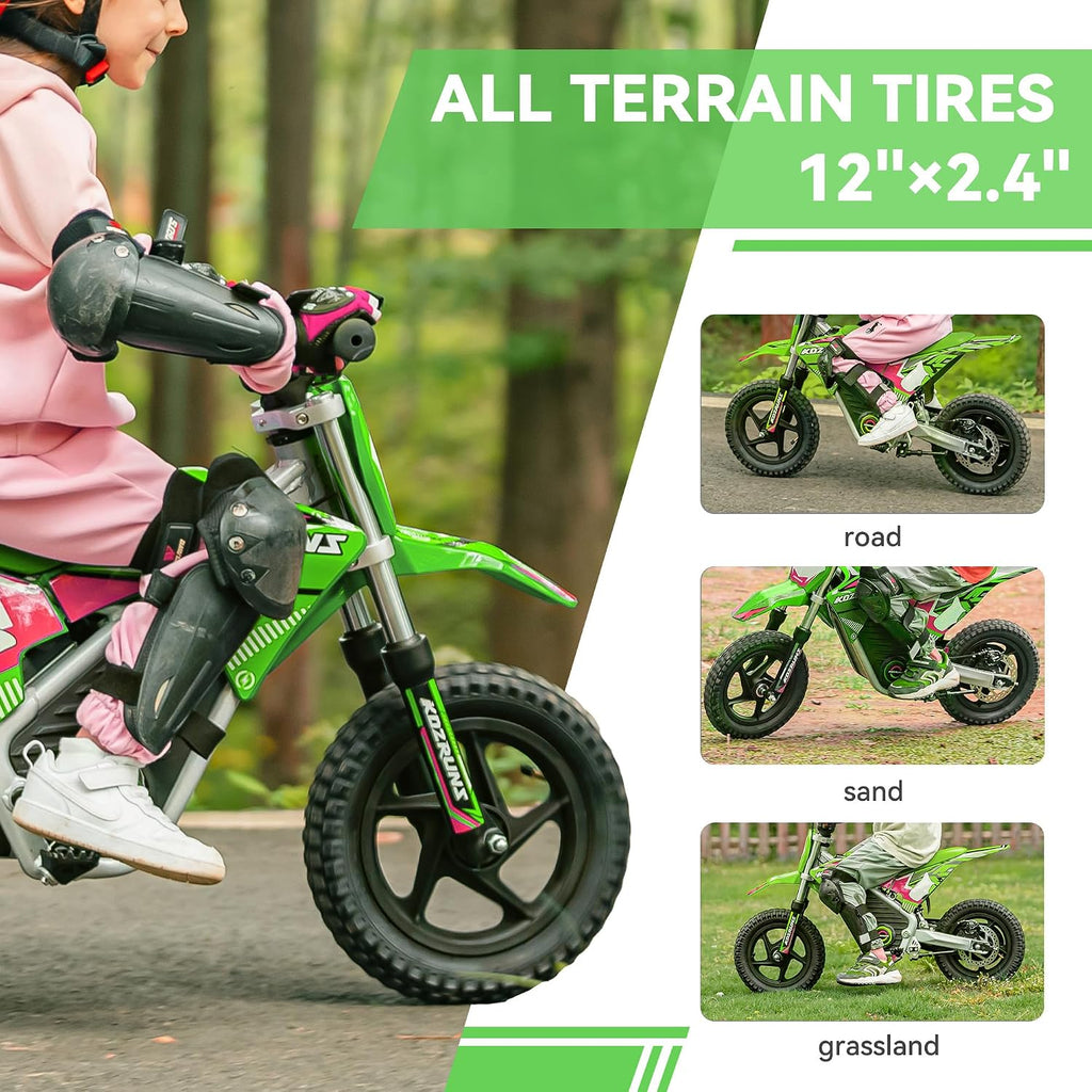 Racing Grade Electric Dirt Bike for Kids, Peak 400W Powerful Motorcycle for Ages 3-6, 36V 5.2Ah Lithium Battery, Dual Shock Absorption, 3 Speed Modes, Safe Disc Brake, 12Inch Off Road Tires, Green