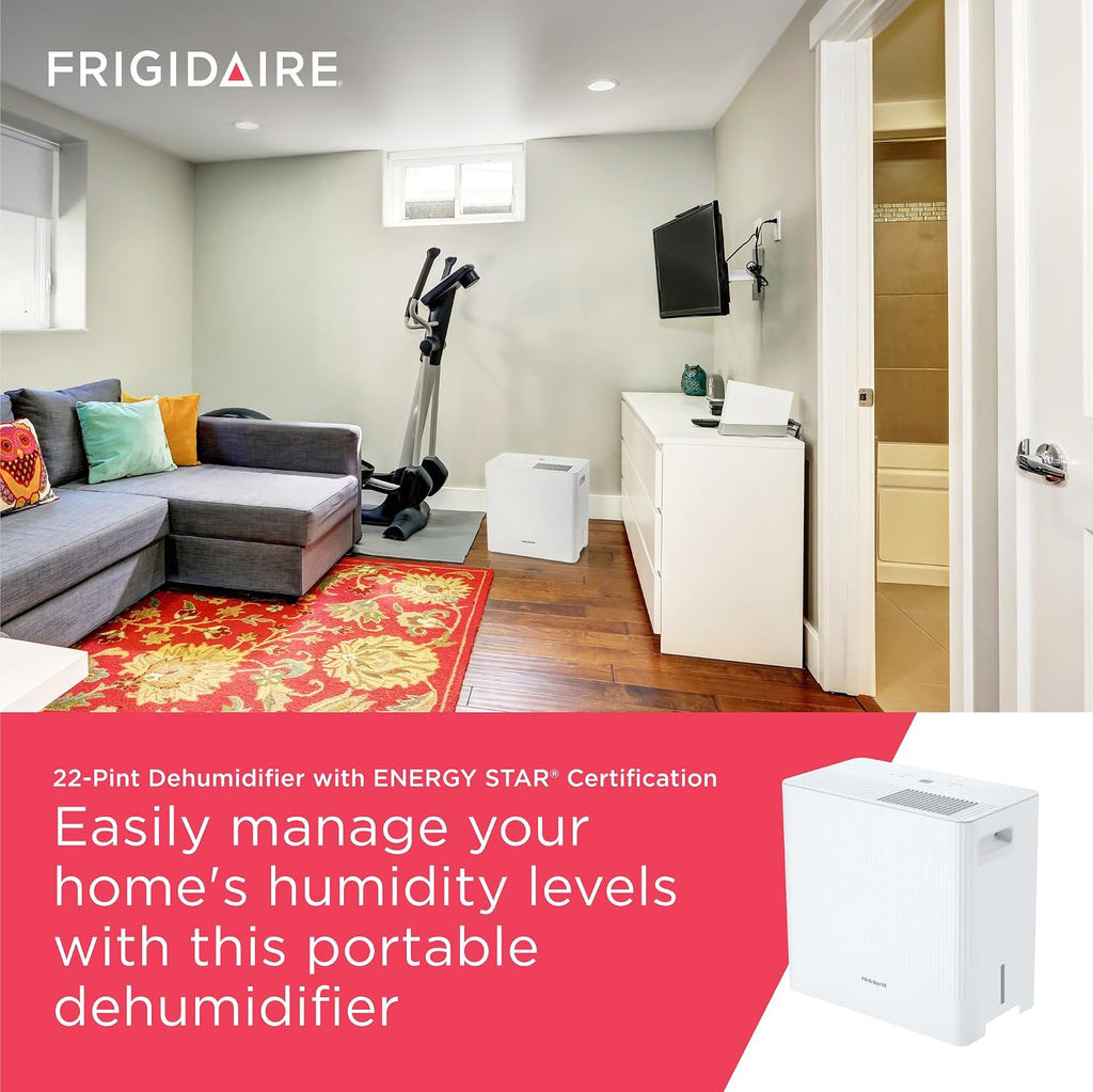 Frigidaire 22-Pint Portable Dehumidifier with Energy Star Certification for Small/Medium Rooms, Bedrooms & Bathrooms, Custom Humidity Control, Auto Shut Off, White