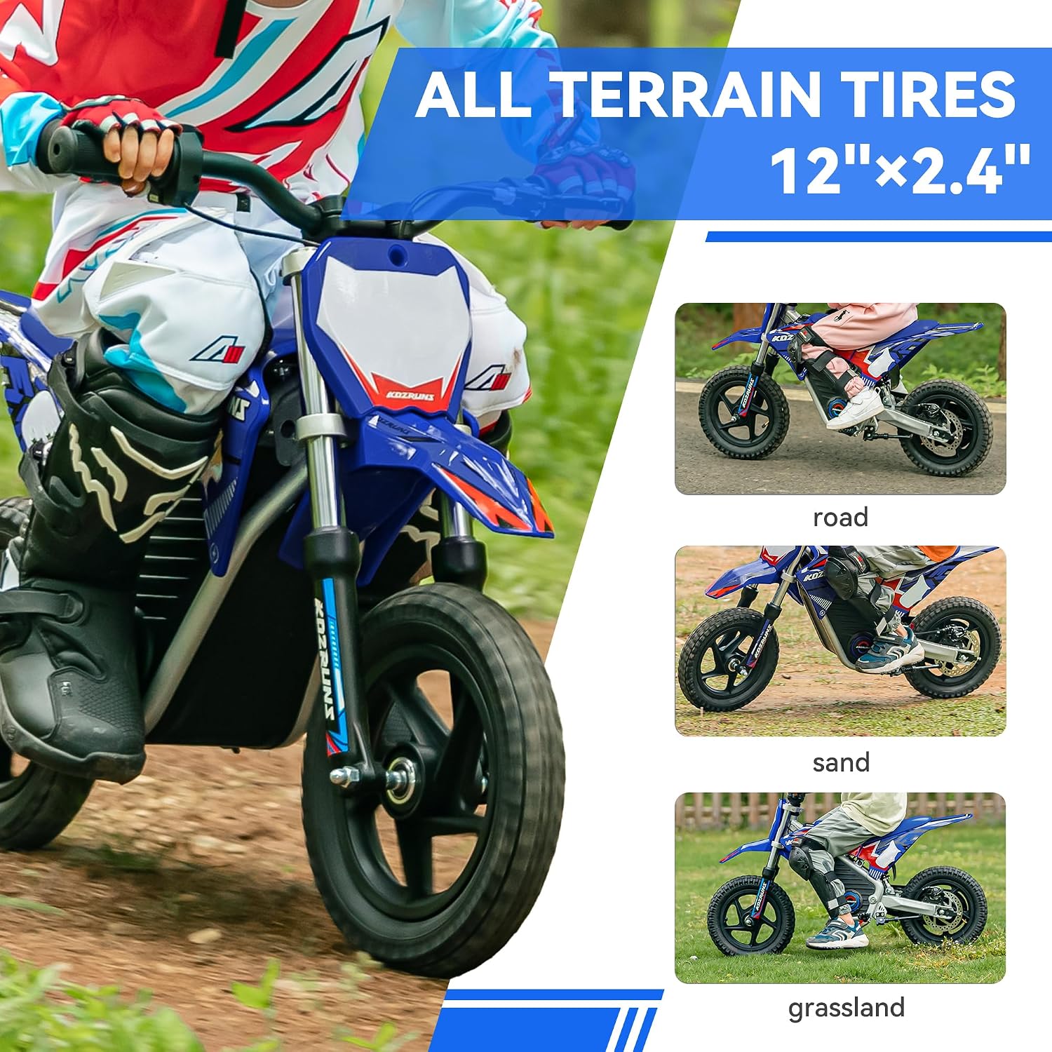 Electric Dirt Bike for Kids, Powerful Motorcycle for Ages 3-6, 24V 2.6Ah Lithium Battery, Dual Shock Absorption, 2 Speed Modes, Safe Disc Brake, 12Inch Off Road Tires, Blue