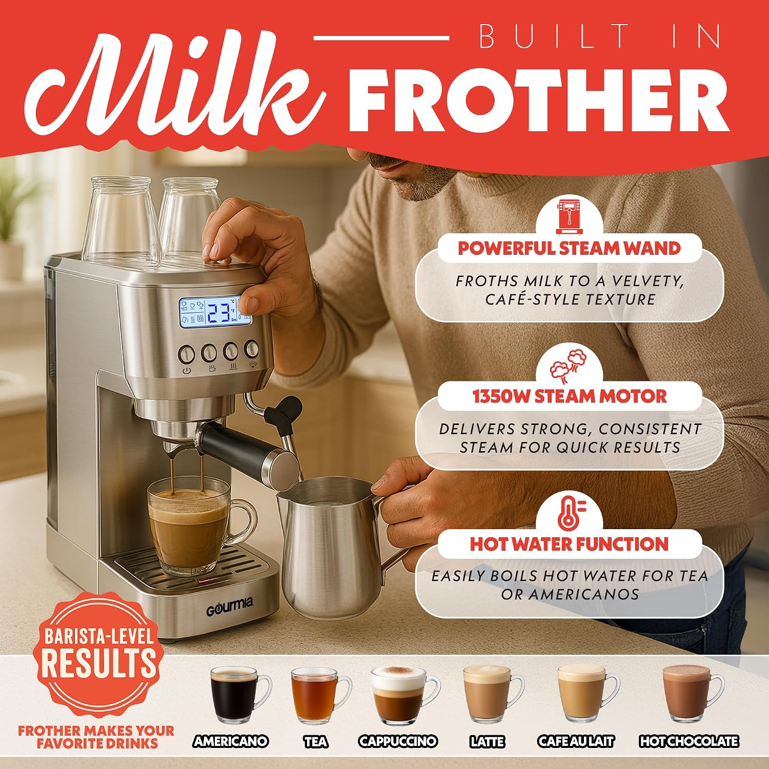 Gourmia Slim Espresso Machine with LCD Screen - Milk Frother, Adjustable Temperature, Manual & Auto Brew, Single/Double Shot, Hot Water Dispenser, Descaling Mode, Compact