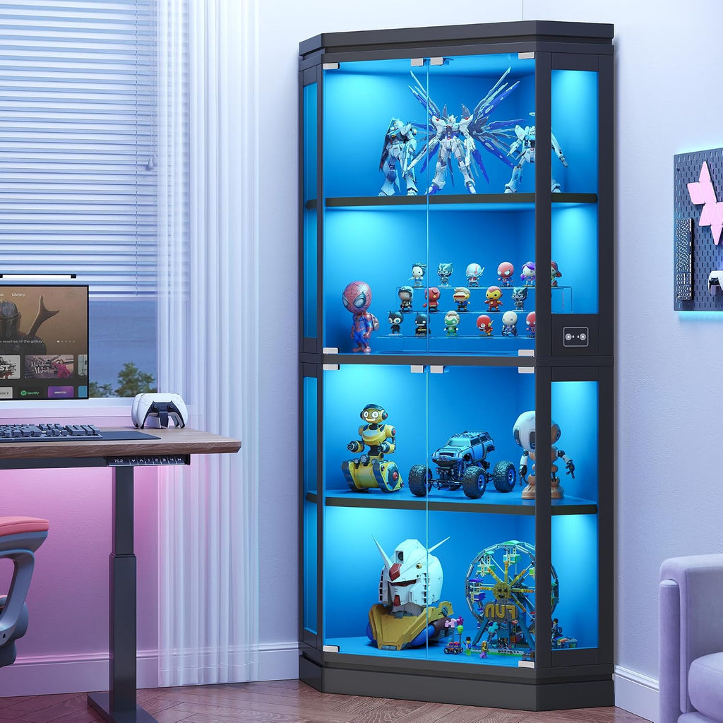 Jocoevol Corner Display Cabinet with Glass Doors, 4-Tier Display Cases for Collectibles with RGB Lights, 67'' Tall Corner Curio Cabinet with Human Body Sensor for Living/Game Room, Black