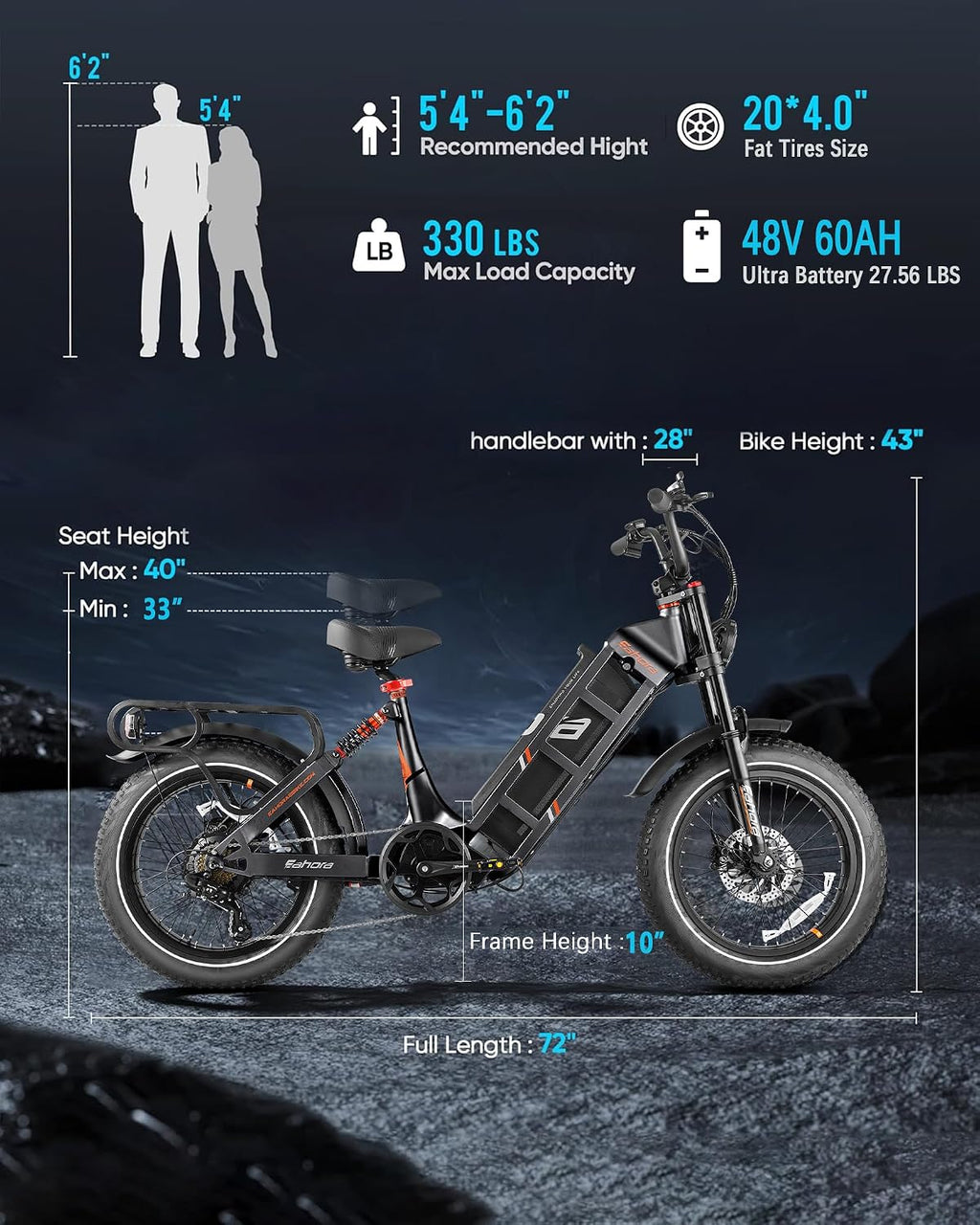 eAhora 2026 Juliet Pro 2 43-31Mph Electric Bike for Adults 5400W Dual Motor Ebike 60V/70Ah 48V/60Ah 200+Miles Long Range Electric Bicycle 20' Fat Tires Full Suspension Electric Mountain Bike