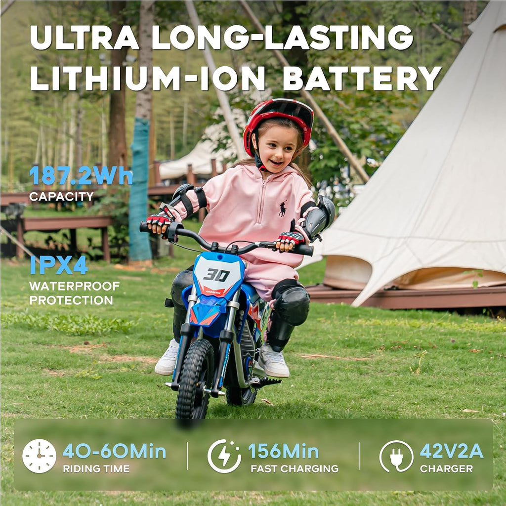 AIII 36V Electric Dirt Bike for Kids 3-8, High Performance 250W Racing Grade Motorcycle, Up to 15.5MPH, 3 Speed Settings, 12-Inch Off-Road Tires, Rear Disc Brakes & Advanced Shock Absorption, Blue
