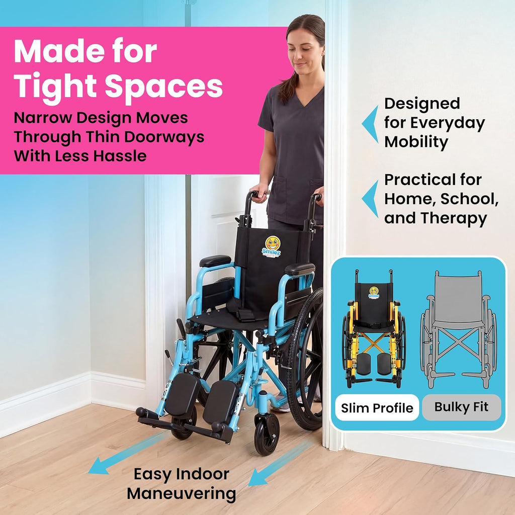 Customize Your Pediatric Wheelchair - 12' or 14' Foldable Narrow Wheelchair for Kids - Fun Colors, Cushion, Seat Belt, Anti Tippers, Padded Arm and Leg Rests, Height Adjustable Push Handles