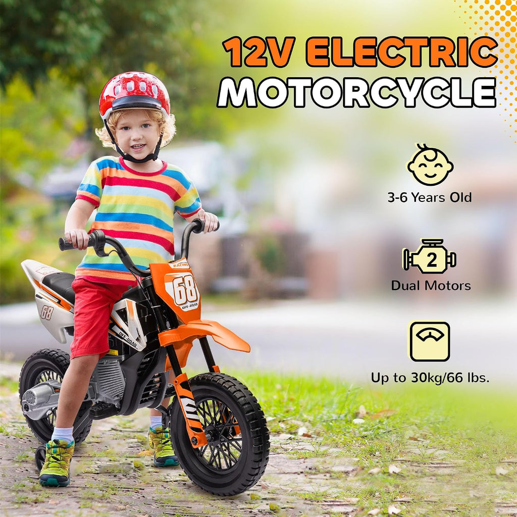Qaba Kids Dirt Bike with Twist Grip Throttle, 12V Electric Motorcycle, Electric Bike for Toddler with Training Wheels, Spring Suspension & Music, Orange