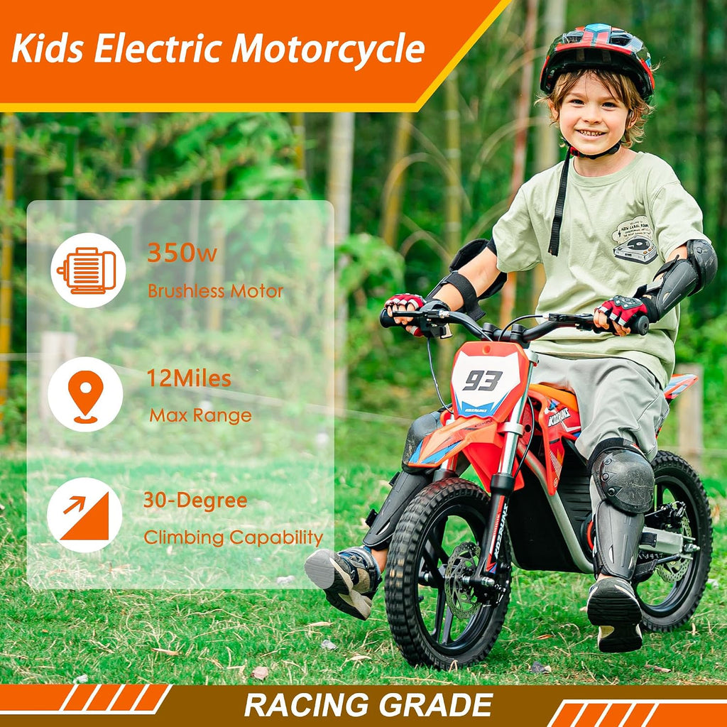 OLALA 36V Electric Dirt Bike for Kids 4-8, 350W Brushless Motor with 3-Speed Control, 18.6 MPH Max Speed, 14' Off-Road Tires Motorcycle, for Boys & Girls, Orange