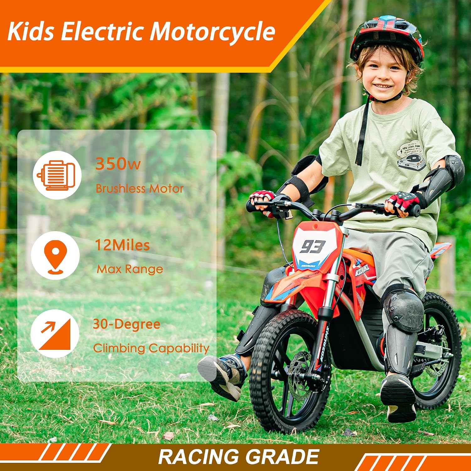 OLALA 36V Electric Dirt Bike for Kids 4-8, 350W Brushless Motor with 3-Speed Control, 18.6 MPH Max Speed, 14' Off-Road Tires Motorcycle, for Boys & Girls, Orange