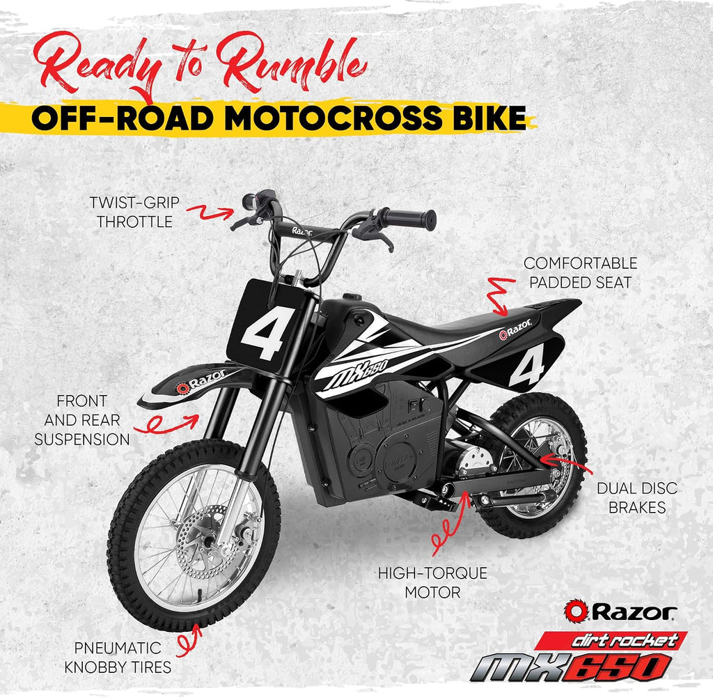 Razor MX650 Dirt Rocket Bike Electric Ride-On for Ages 16+, 220 lb Max Weight, Black – 36V Battery, Up to 17 Mph, 40-Min Run Time, Twist-Grip Throttle, 16' Front and 14' Rear Pneumatic Tires