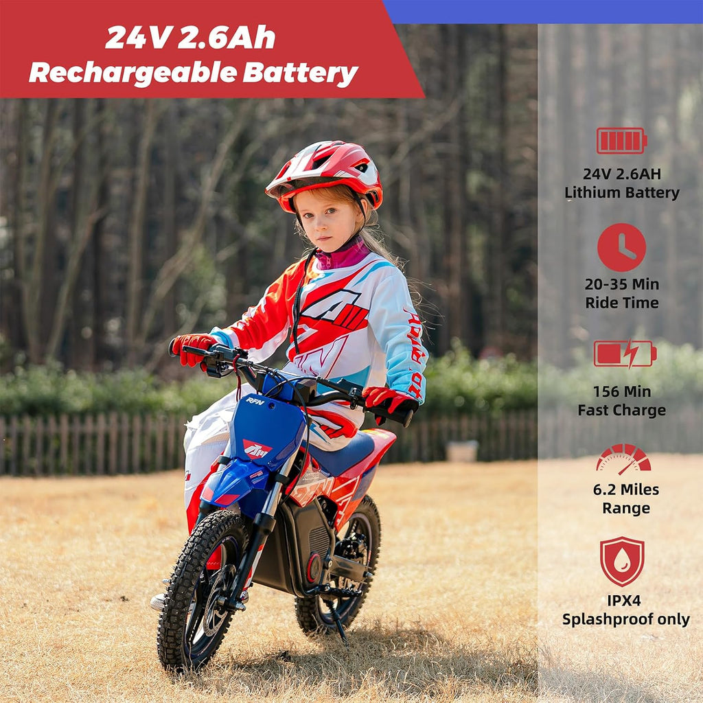 RFN E150 24V Kids Electric Dirt Bike, Electric Motorcycle with 200W Motor | 8 mph Max Speed,15-Mile Range & 2 Speed Modes for Ages 3-6
