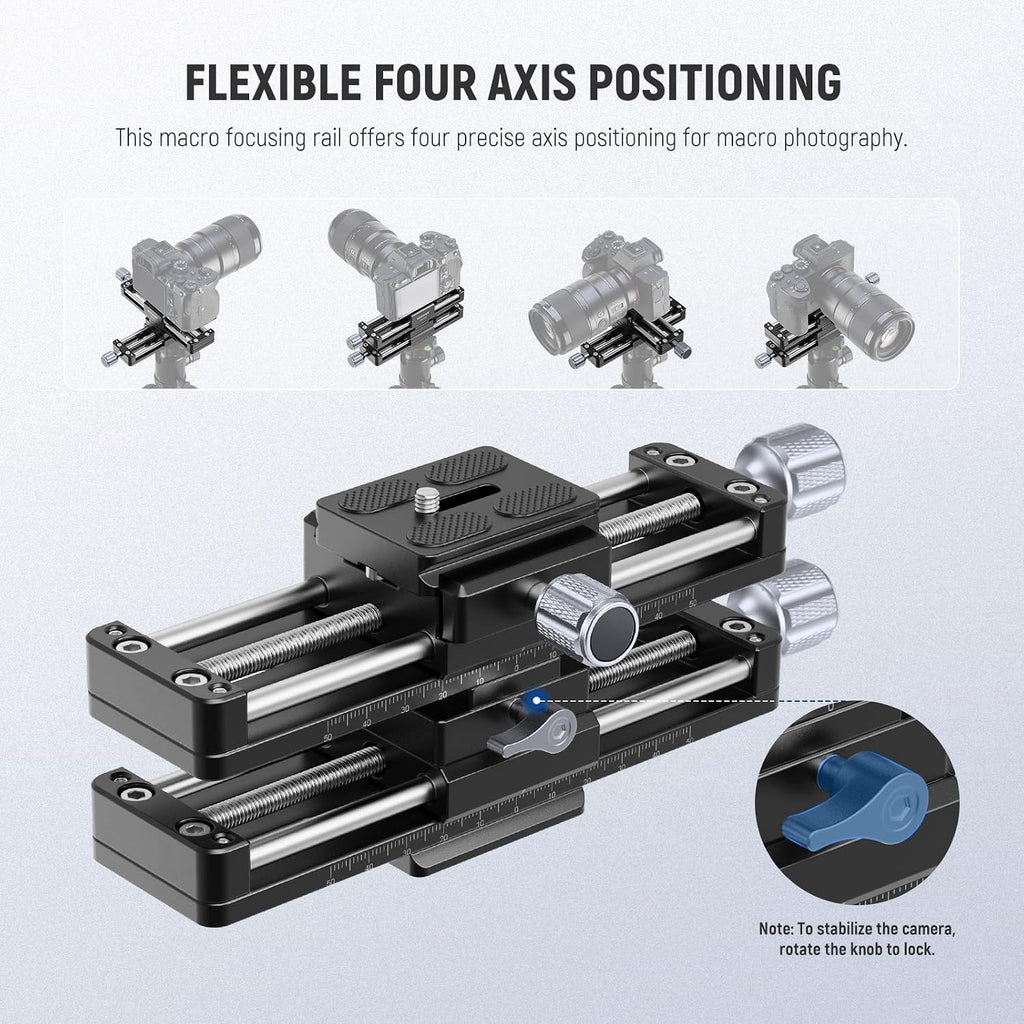 NEEWER Macro Rail Slider, 4 Axis 360° Rotating Aluminum Alloy Focusing Rail with Arca Type Quick Release Plate 1/4' Screw for Camera Camcorder Tripod Heads Macro Photography Closeups Filming, GM-MP3