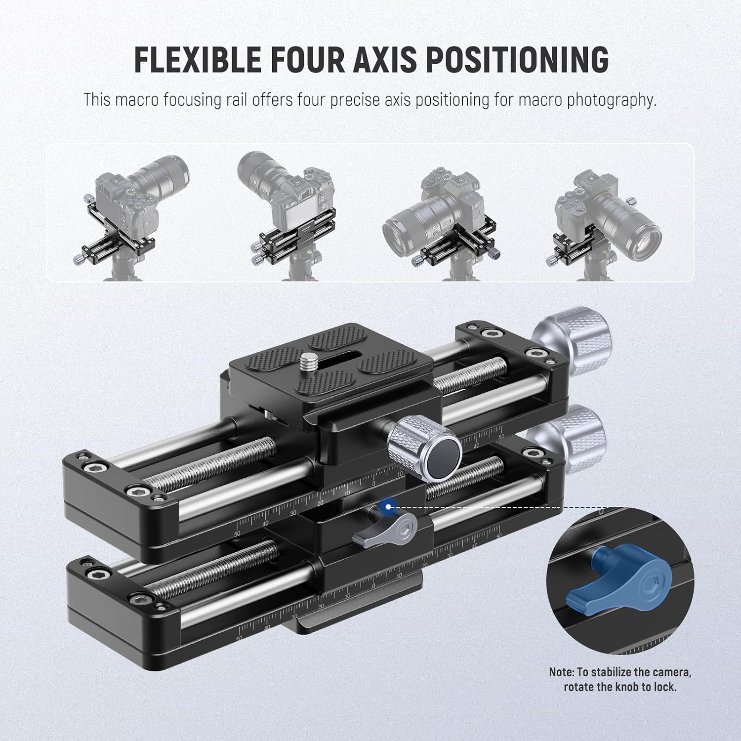 NEEWER Macro Rail Slider, 4 Axis 360° Rotating Aluminum Alloy Focusing Rail with Arca Type Quick Release Plate 1/4' Screw for Camera Camcorder Tripod Heads Macro Photography Closeups Filming, GM-MP3