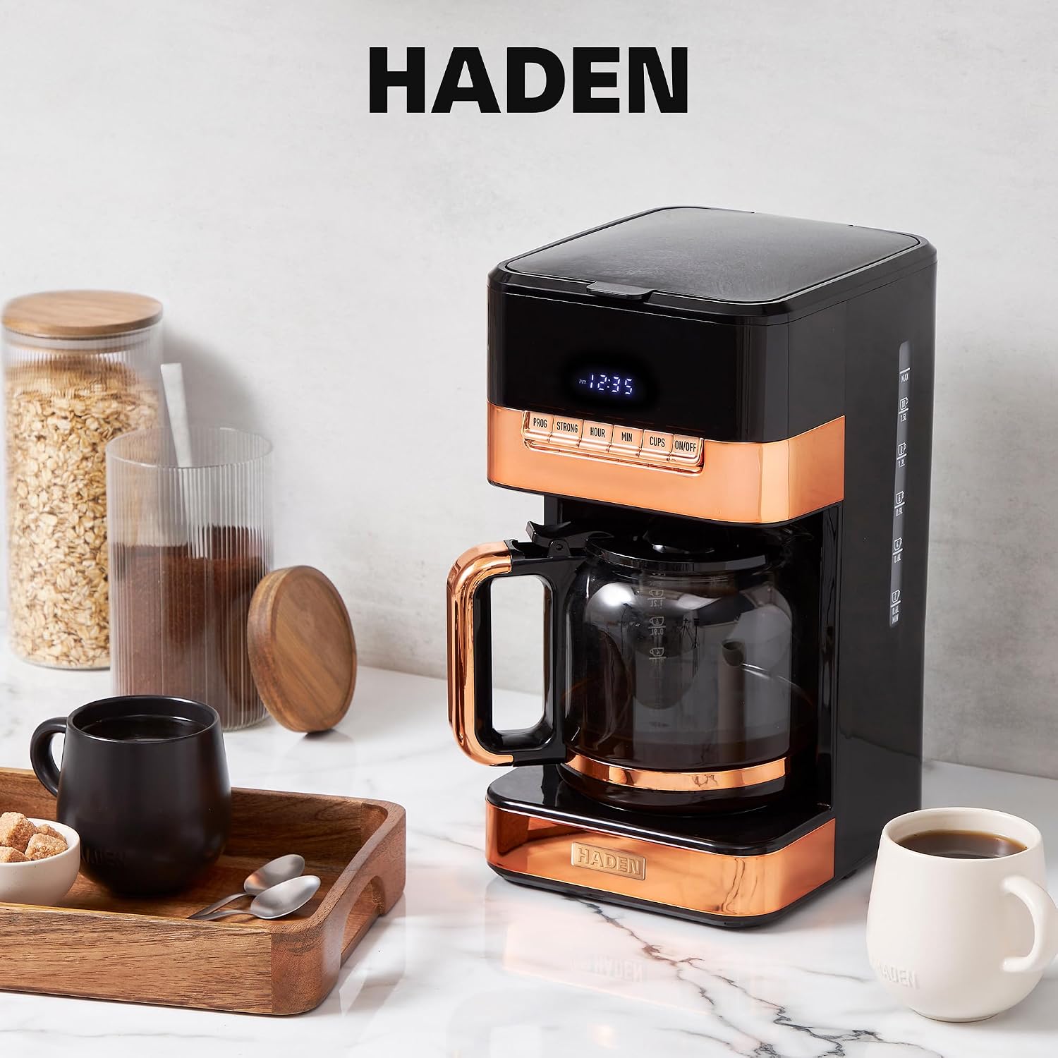 HADEN Quintessential 12 Cup Brew Coffee Maker, 120 Min Keep Warm, Delay Brew, Adjustable Strength, Programmable Clock, 30s Anti Drip, Black/Copper